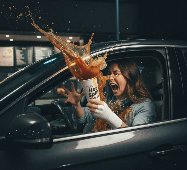 Legal team reviewing hot beverage burn injury case documents with client in professional office setting