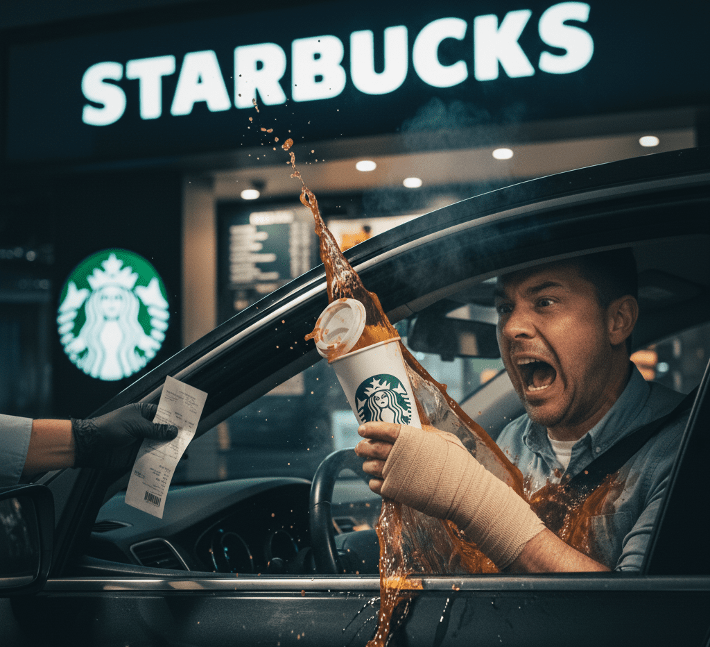 Steaming hot tea in Starbucks cup with warning label about burn risk and temperature hazards